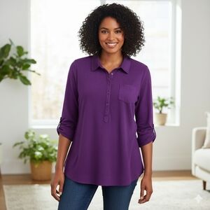 Catherines Faux Suede Top Womens 1X Plus Purple Microfiber Roll Tab Long Sleeve